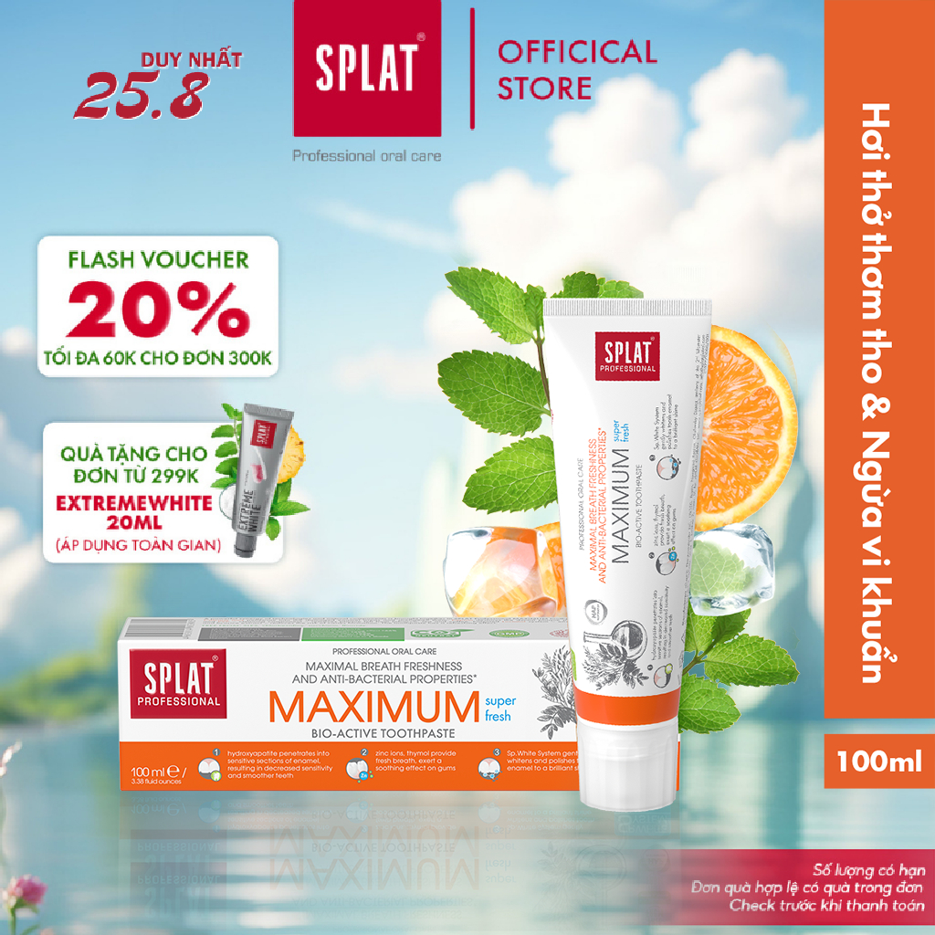Kem đánh răng trắng răng splat maximum professional series loại bỏ máng bám, vết ố vàng, giữ hơi thở thơm mát 100ml