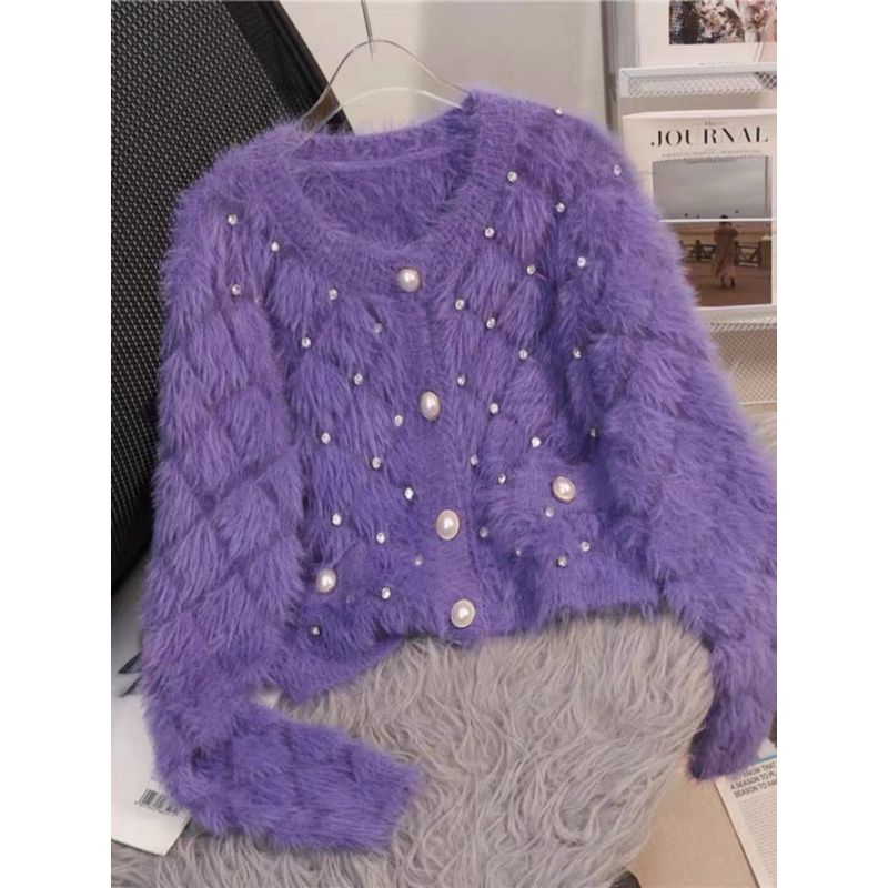 Áo Khoác Len Lông Thỏ Dài Tay Dáng Ngắn Croptop Đính Ngọc Và Đá Sang Trọng