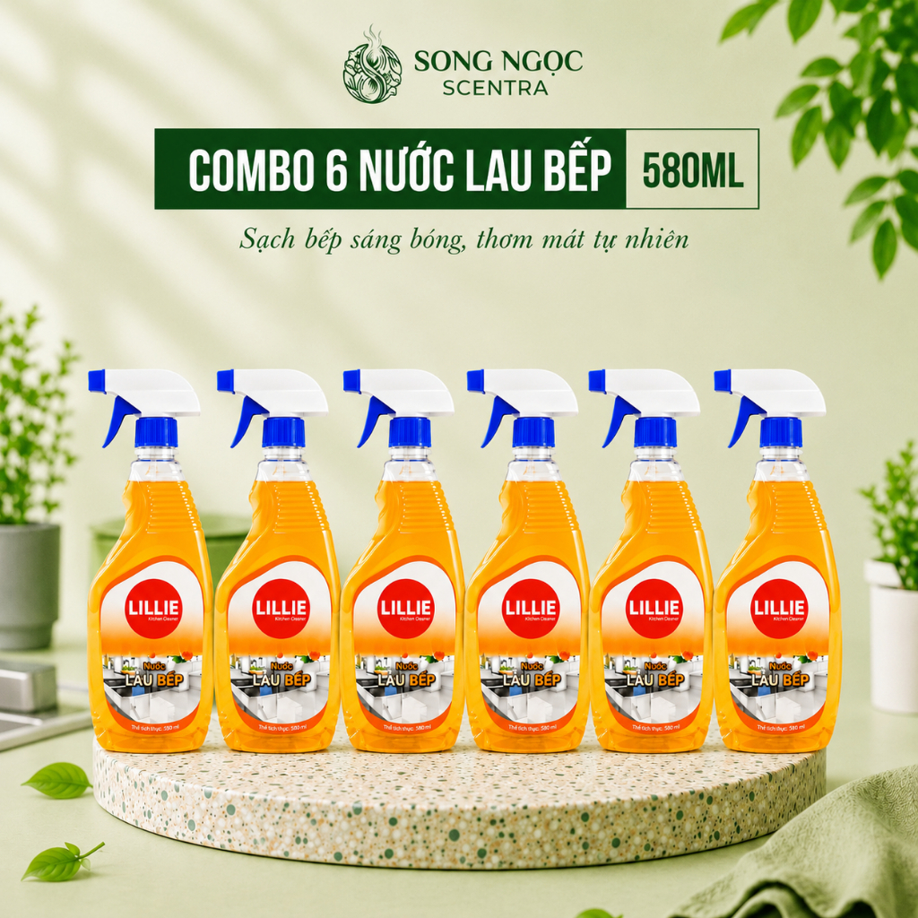 (COMBO 6 TIẾT KIỆM) Nước Lau Bếp LILLIE by Caroline 580ml – Đánh Bay Dầu Mỡ – Khử Mùi – Làm Sạch Nhanh