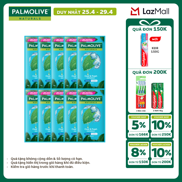 [Chỉ 25-29.4_X2 Voucher giảm 20%] Bộ 10 gói Dầu gội Palmolive kèm dầu xả chiết xuất thiên nhiên 6g x 10