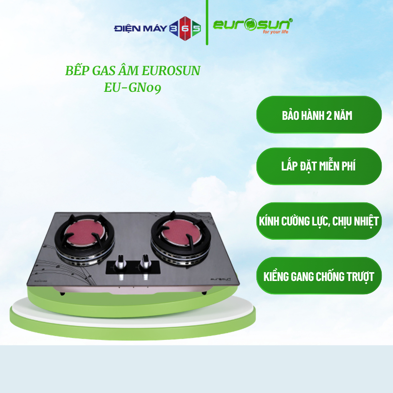 Bếp Gas Âm Hồng Ngoại 2 Vùng Nấu Eurosun EU-GN09 - Đánh Lửa Nhanh - Bảo Hành 2 Năm