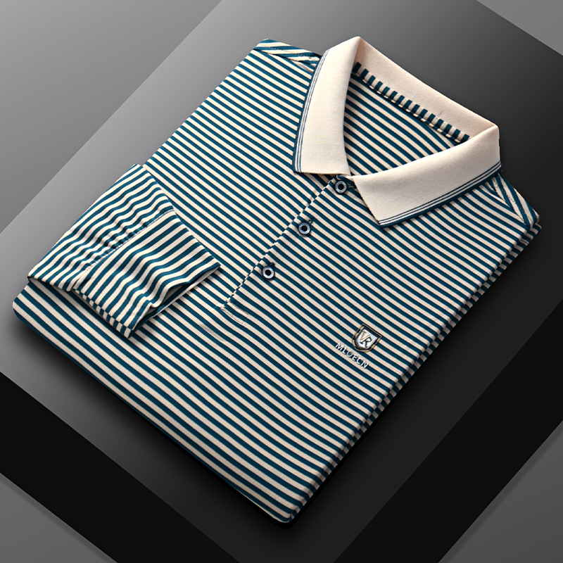Áo sơ mi polo dài tay sọc hot dành cho nam mùa xuân thu 2024 áo thun công sở thông thường dành cho các ông bố trung niên 11.7