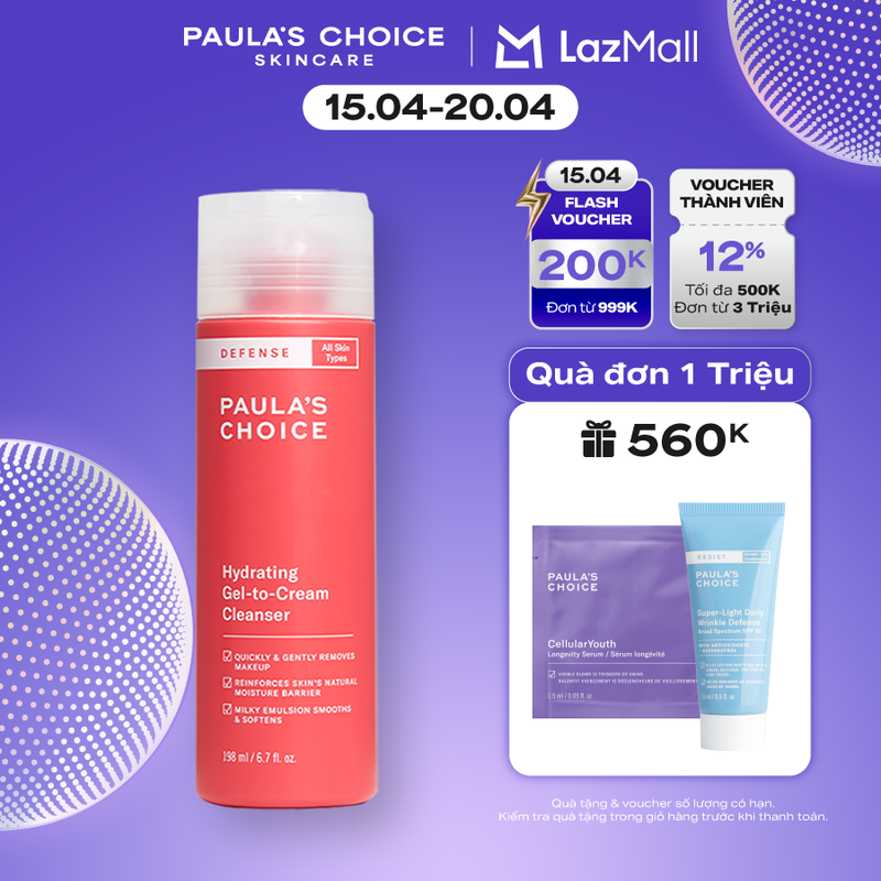 Sữa rửa mặt ngăn ngừa tác hại từ môi trường dành cho mọi loại da Paula’s Choice Defense Hydrating Gel to Cream Cleanser 198ml 2210