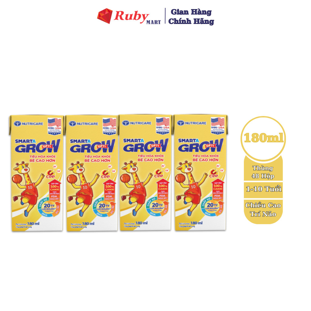 Lốc 4 hộp sữa bột pha sẵn Nutricare Smarta Grow Opti 180ml dinh dưỡng cho trẻ thấp còi