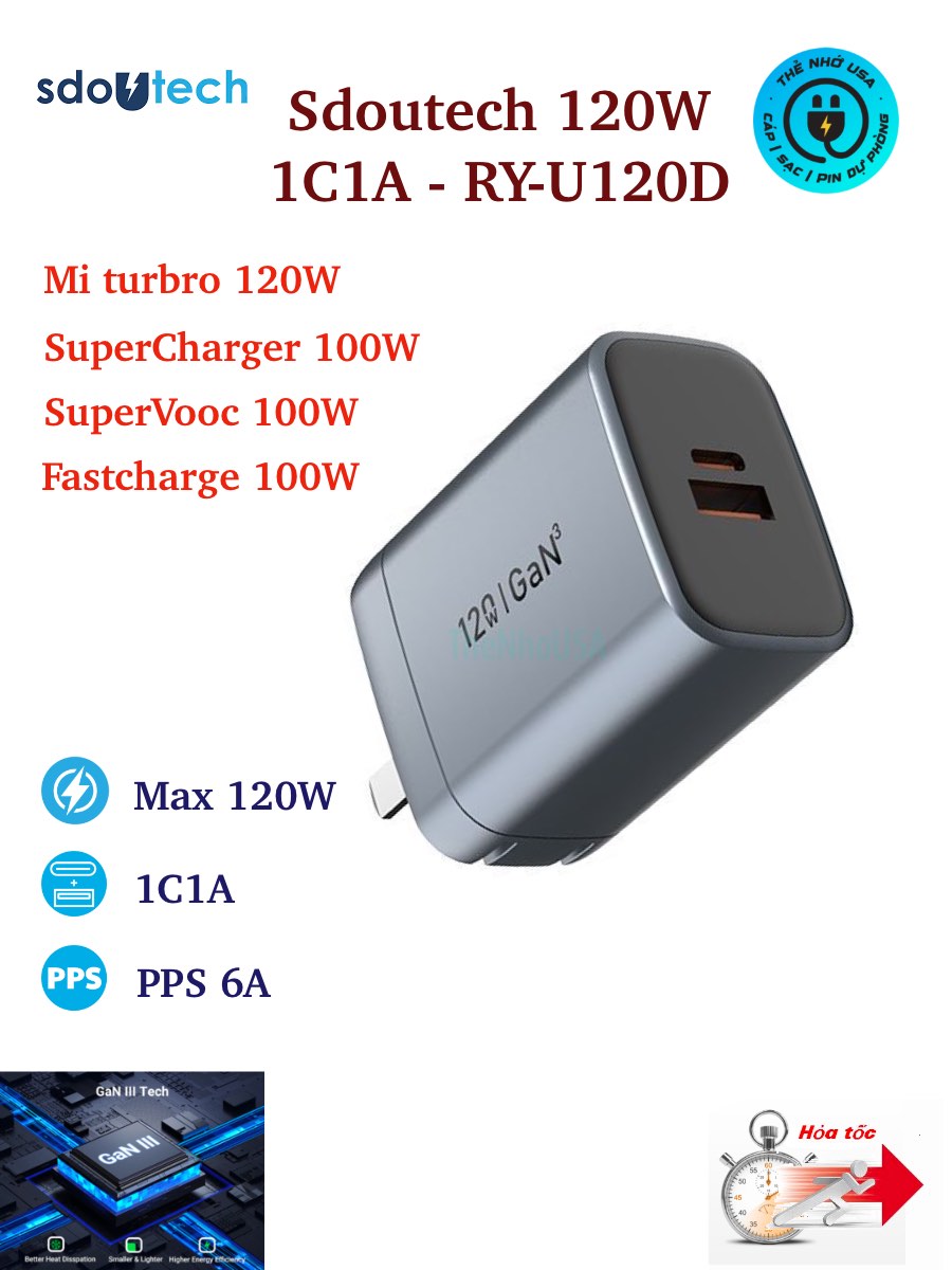 Củ sạc nhanh Sdoutech 120W 1C1A PD65W hỗ trợ Xiaomi, Oppo, Huawei, Vivo, iQoo, Honor PPS, QC