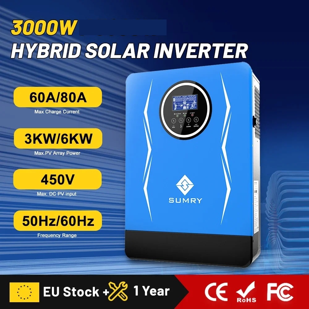 SUMRY Hybrid Inverter 3KW 24V AC220-240V 80A MPPT PV 55V-450V- Biến tần năng lượng sóng sin chuẩn 32