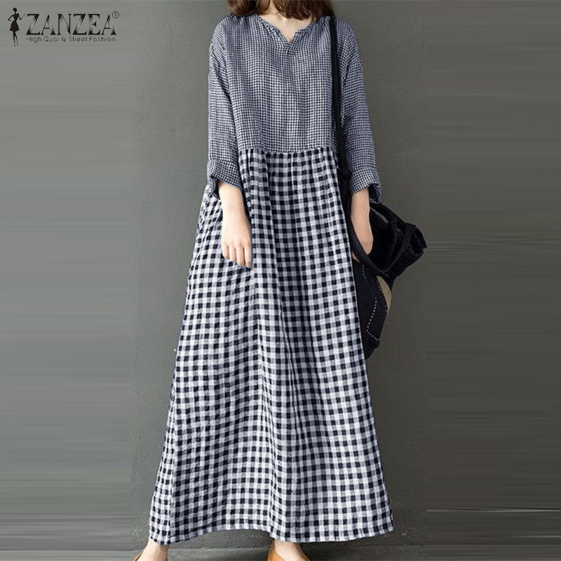 ZANZEA Womens Vintage V Neck Checkered Patchwork Dress Street Casual Long Sleeve Midi A-Line Dresses #1209 ราคา 301 บาท*ส่งฟรี