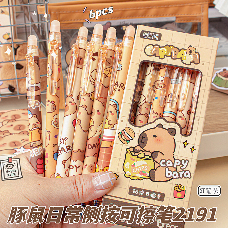 YILQQPER 6pcs/set ปากกา ปากกาลบได้ ปากกาน้ำเงิน Capybara ปากกาลบได้1แพ็ค(6เเท่ง) ST 0.5mm ปากกา น่ารัก ปากกาเจล