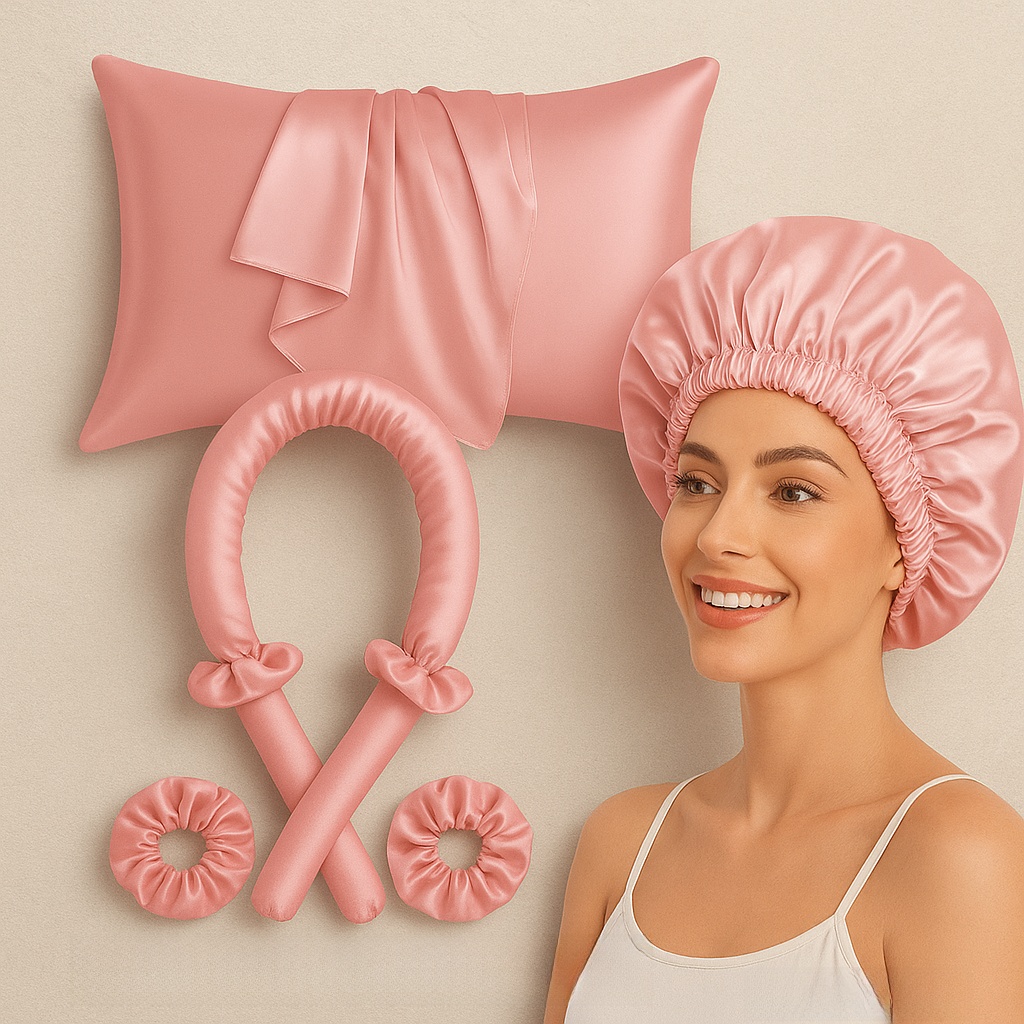 Luxury Satin Hair Care Set – Pillowcase, Bonnet, Heatless Curling Rod & Scrunchies | Frizz-Free & Smooth Hair