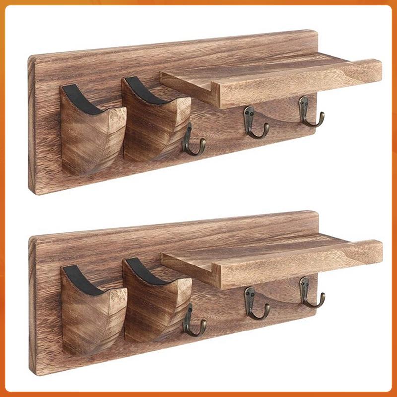 2X Guitar Wall Hanger Bracket Hanger Wood Hanging with Pick Holder and 3 Hooks Carbonized