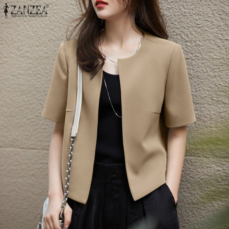 Esolo ZANZEA mùa hè phong cách Hàn Quốc cho nữ ngắn tay thanh lịch Áo khoác cổ tròn rắn OL làm việc 