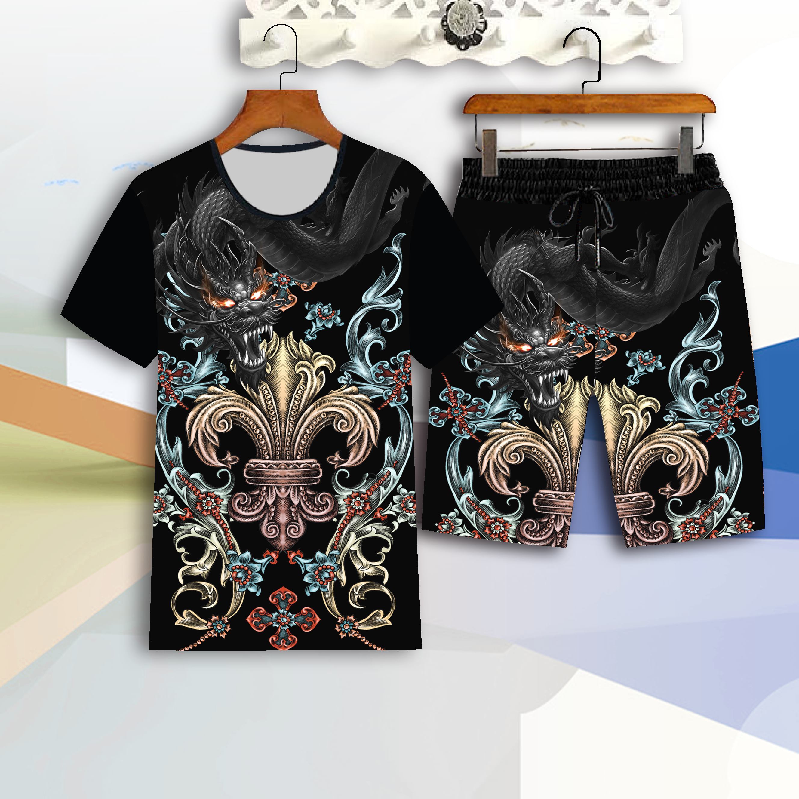 Yushu Bộ đồ/Áo phông 2 món đồ xu hướng mùa hè thương hiệu cho Nam Bộ đồ thường ngày Áo thun hình rồng cho nam quần 5 điểm Thanh Niên dáng suông đồ thể thao phong cách Trung Quốc đồ nam