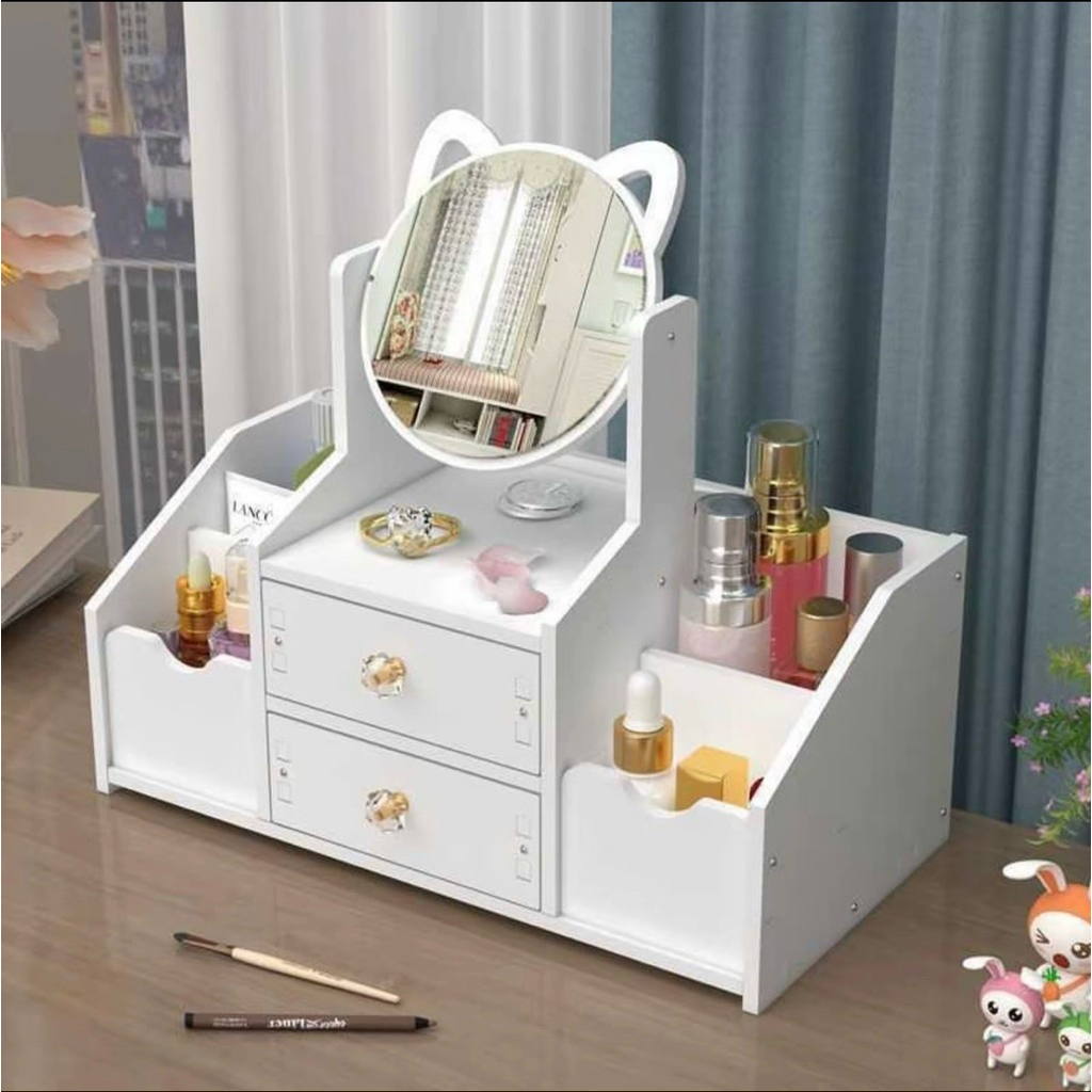 Kệ Mỹ Phẩm Bàn Trang Điểm Mini, Tủ đựng Mỹ Phẩm Có 2 Ngăn Kéo Tiện Lợi Kèm Gương Tai Mèo 4 Ngăn Sườn Dễ Thương