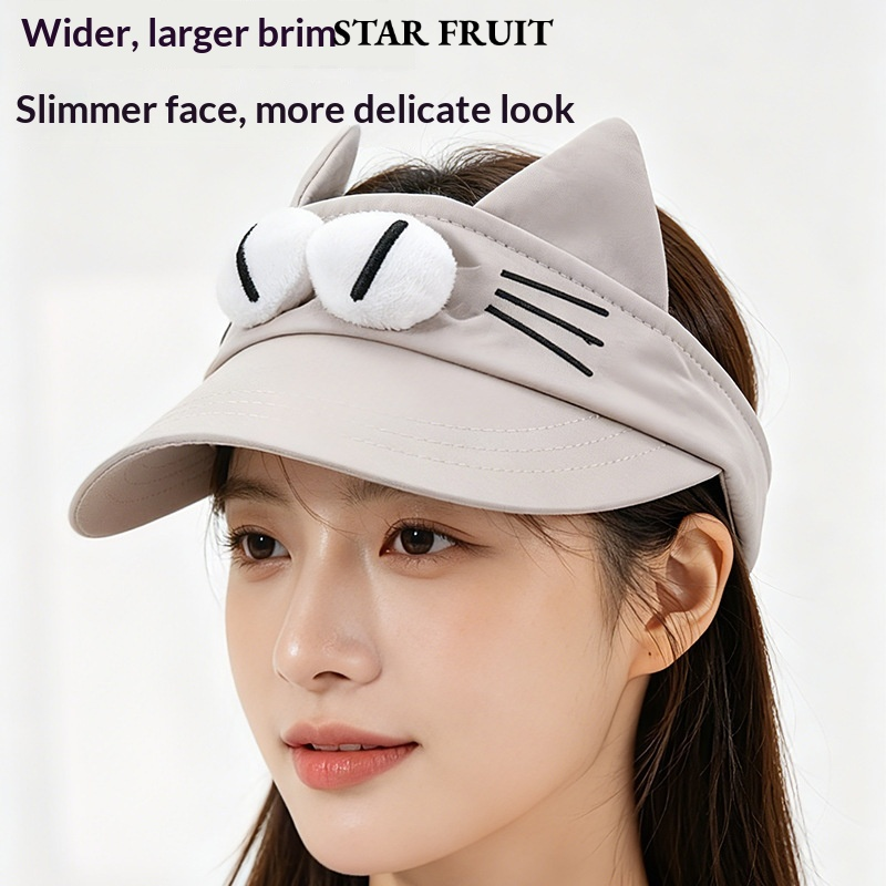 STAR FRUIT⭐ Cute Cat-Ear Sun Protection Visor Hat for Women, Lightweight and Fashionable Outdoor Summer Cap with Big Eyes Design ราคา 58 บาท*ส่งฟรี