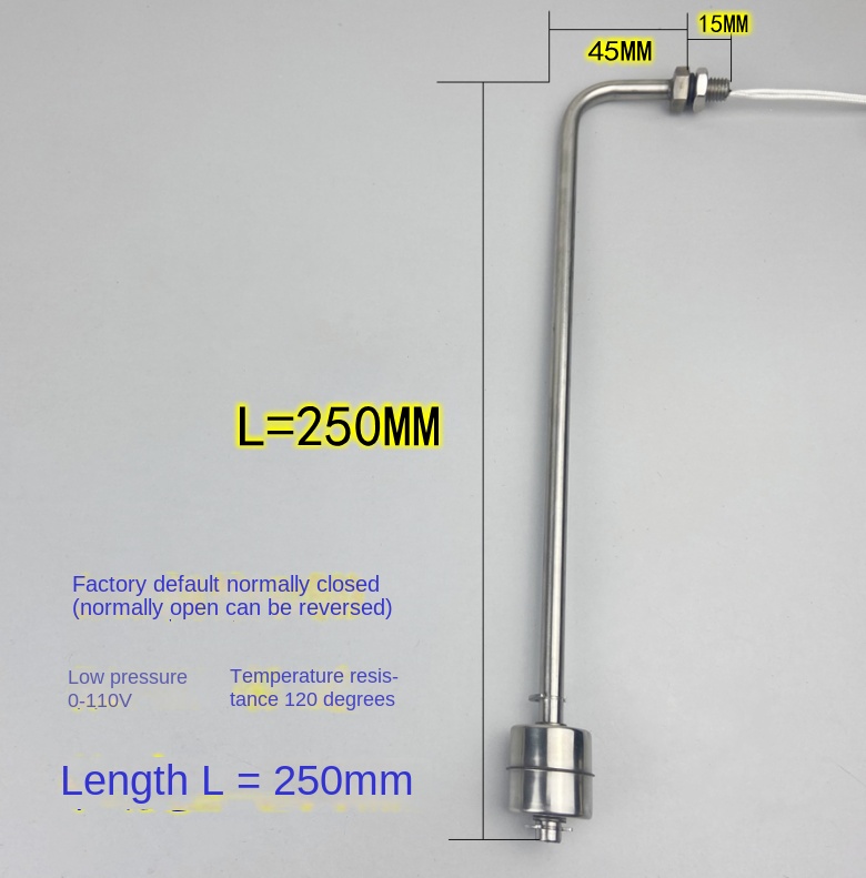Công tắc mức nước lắp bên - Phao inox 304 chịu nhiệt, áp suất thấp, chiều dài 250mm