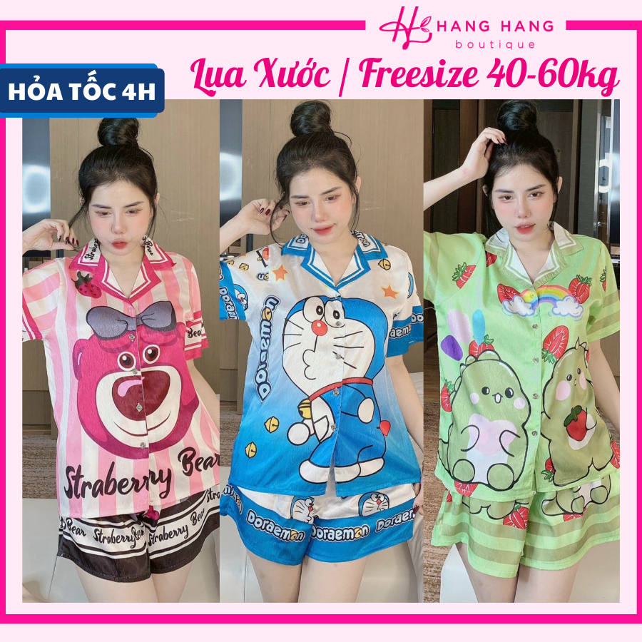Bộ ngủ freesize 40-60kg, pijama đùi tay ngắn lụa xước, đồ bộ nữ đồ ngủ lụa mặc nhà thiết kế cute gấu dâu dễ thương