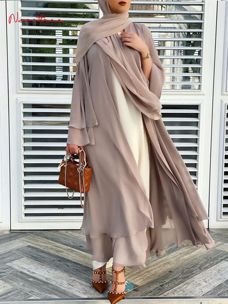 Thời trang voan abaya Kimono Dubai hồi giáo Cardigan abayas phụ nữ giản dị áo choàng nữ islam quần áo với vành đai f2664