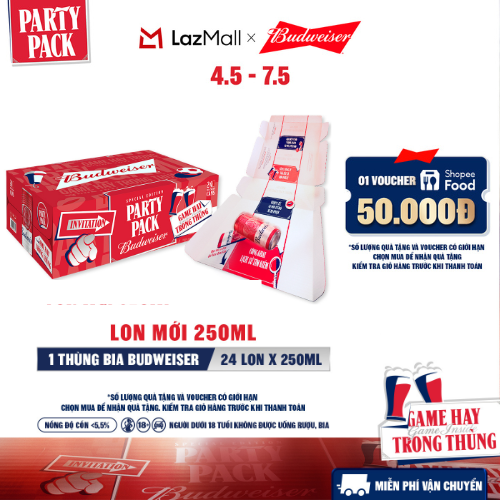 Thùng 24 Lon Bia Budweiser PartyPack Chính Hãng (250ml/lon)
