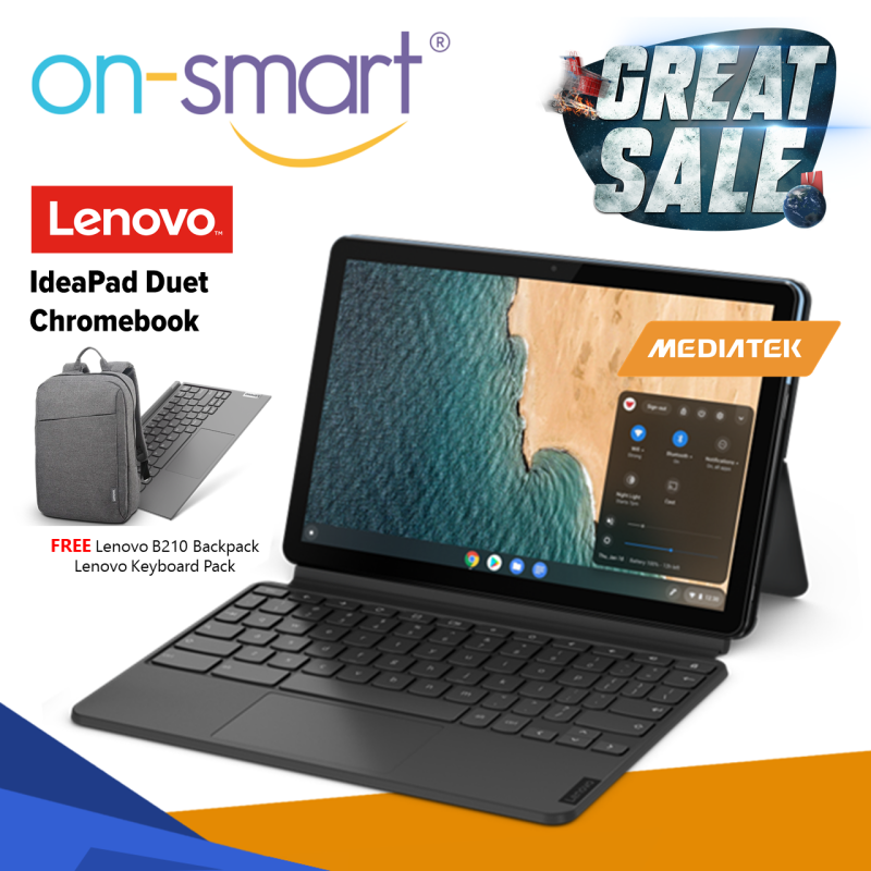【Standard Delivery】Lenovo IdeaPad Duet Chromebook | MediaTek P60T Processor | 4GB RAM | 128GB eMMC Storage | Integrated ARM Graphics | Chrome OS | 1 Year Carry-in Warranty | ZA6F0053SG | New Laptop Student Computer