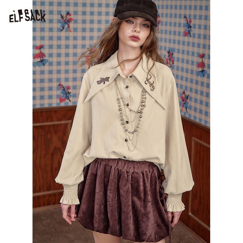 ELFSACK Winter New Arrivals Soft Preppy Lapel Collar Ruffled Cuff Long-sleeve Shirt For Woman ราคา 1,514 บาท*ส่งฟรี