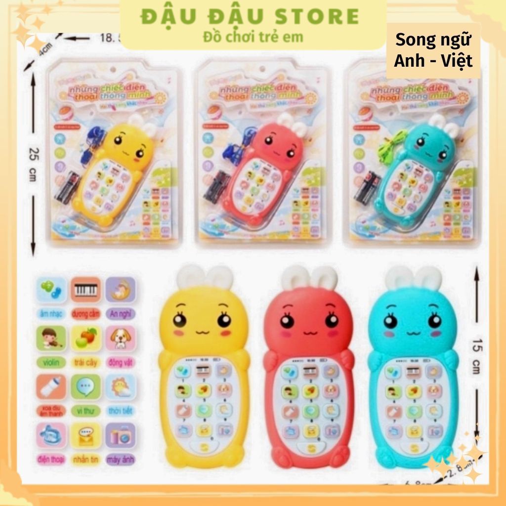 Đồ chơi điện thoại thông minh song ngữ Anh-Việt, Điện thoại đồ chơi Tiếng việt cho bé tặng kèm 2 pin và dây đeo cổ