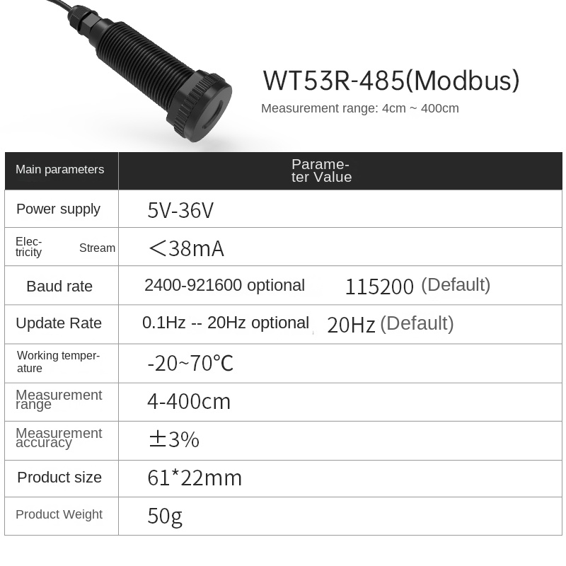 WT53R Cảm Biến Đo Khoảng Cách Laser WT53R-485 4Cm-400Cm | Phạm Vi 4cm-400cm | Giao Tiếp UART/RS485 - 3-5V