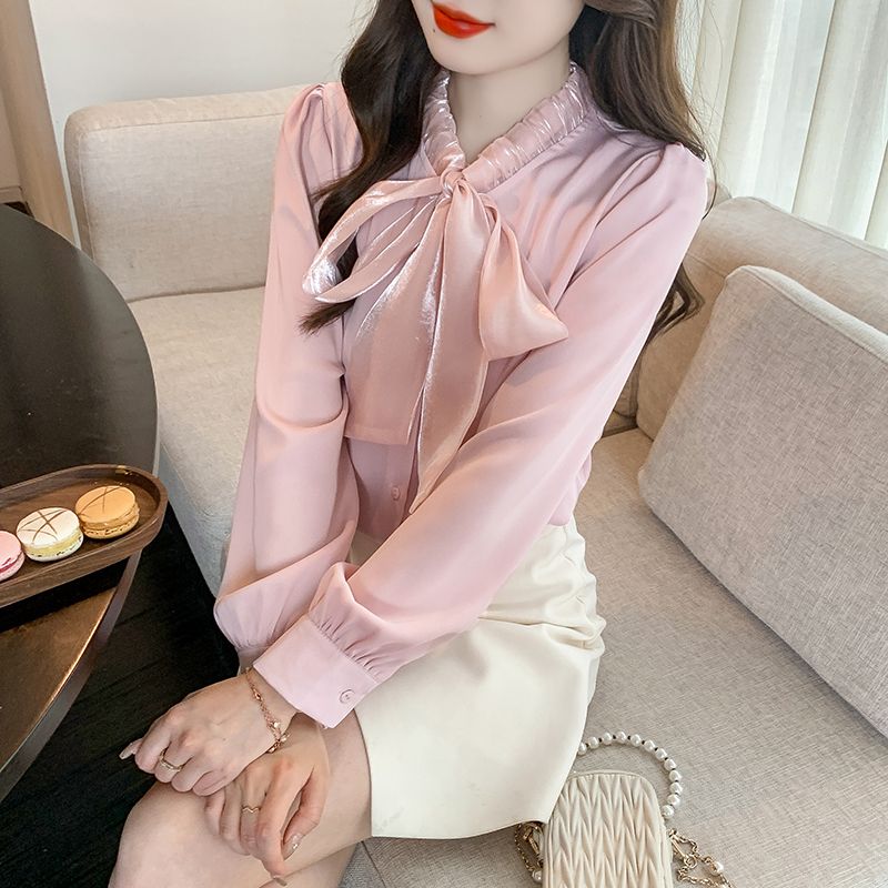 LUNAáo girl phố nữ áo sơ mi form rộng Pháp Bowknot ren-up chiffon áo sơ mi nữ mùa xuân và mùa thu 20