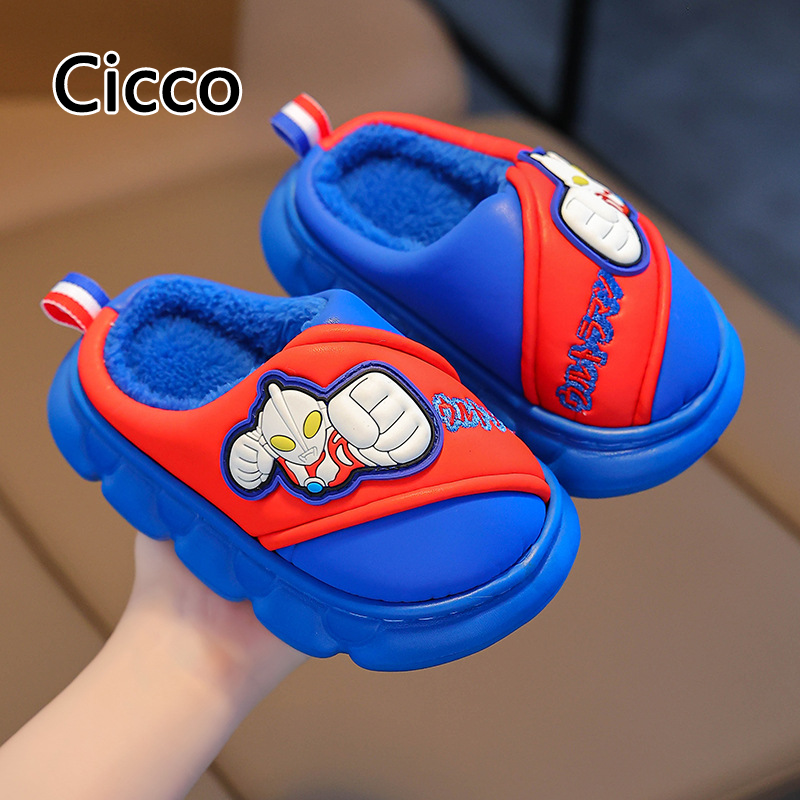 Cicco phim hoạt hình Ultraman trẻ em Dép đi trong nhà mùa đông với lông cừu mềm lót, không trượt EVA duy nhất, ấm áp và thoải mái cho bé trai và bé gái