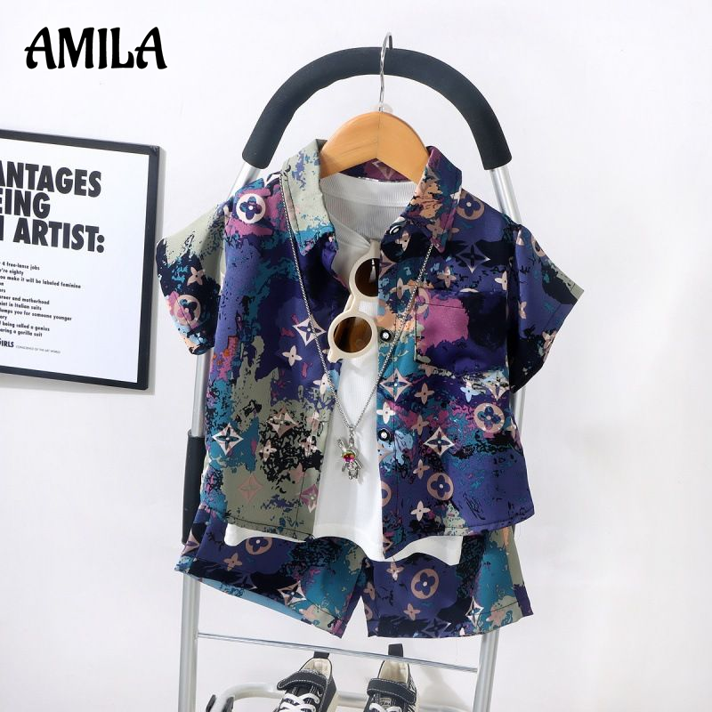 AMILA Children's Shirt Shorts Suit Boy Fashion Flower Printed Two-Piece Suit Boy Short Sleeve Shirt ราคา 146 บาท*ส่งฟรี