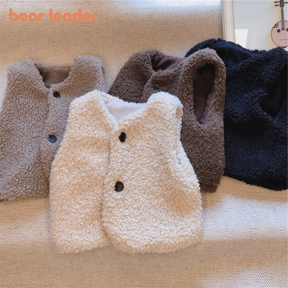 Gấu Lãnh Đạo 3 Để 7 Năm Trẻ Em Quần Áo Mùa Đông Ấm Áp bé trai và bé gái len cừu Vest Mới lông cừu màu Trơn Áo khoác sát nách Hàng Đầu Trẻ Em Của Quần Áo
