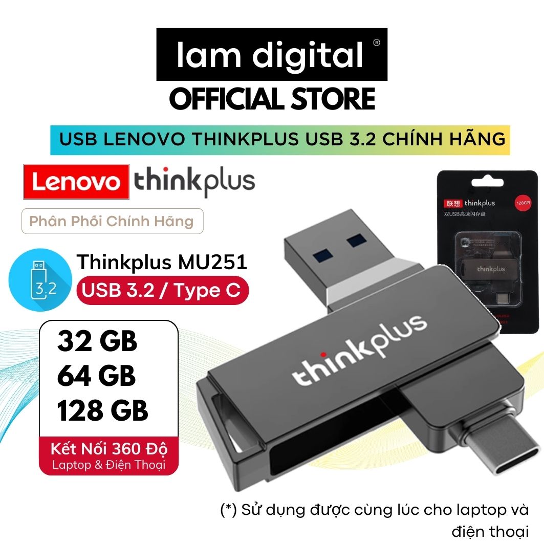 USB Lenovo Thinkplus 3.2 Chính Hãng 32GB/ 64GB/ 128GB MU251 Type-C/ Type-A, Tốc Độ Đọc 160Mb/s