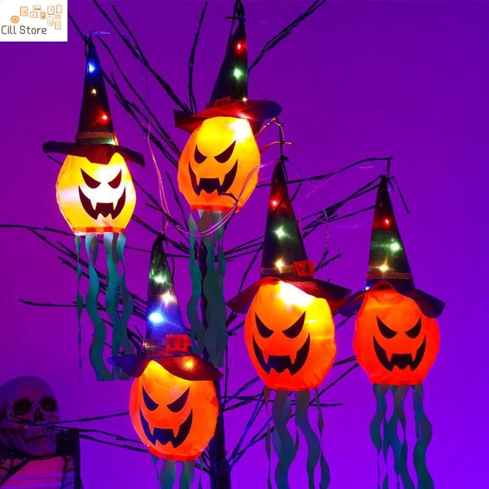 CILL Khủng Bố Sáng Nylon Vải Đèn Flash LED Đèn lồng Không thấm nước Sân Đảng Halloween Bầu không khí Trang Trí Ma Hat Lights Chuỗi Đèn Trang trí Đèn Đèn Lồng bí ngô
