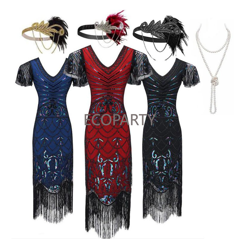 Ecovalson tùy chỉnh thực hiện phụ nữ 1920S Gatsby sequin tua tail bên cộng với trang phục với 20S Phụ kiện thiết lập vestidos de mujer