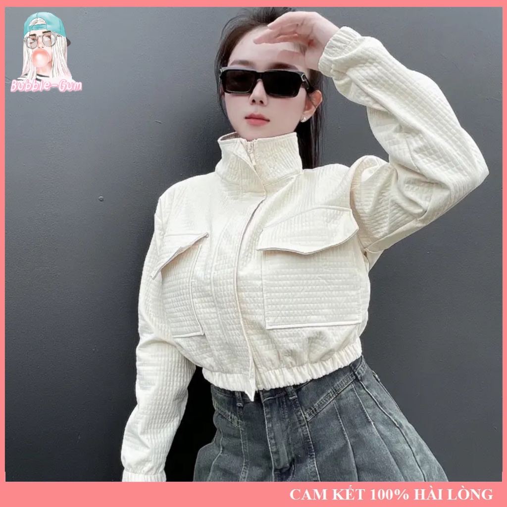 Áo khoác thun 2 da caro cổ trụ 4 túi dưới 60kg bubble gum