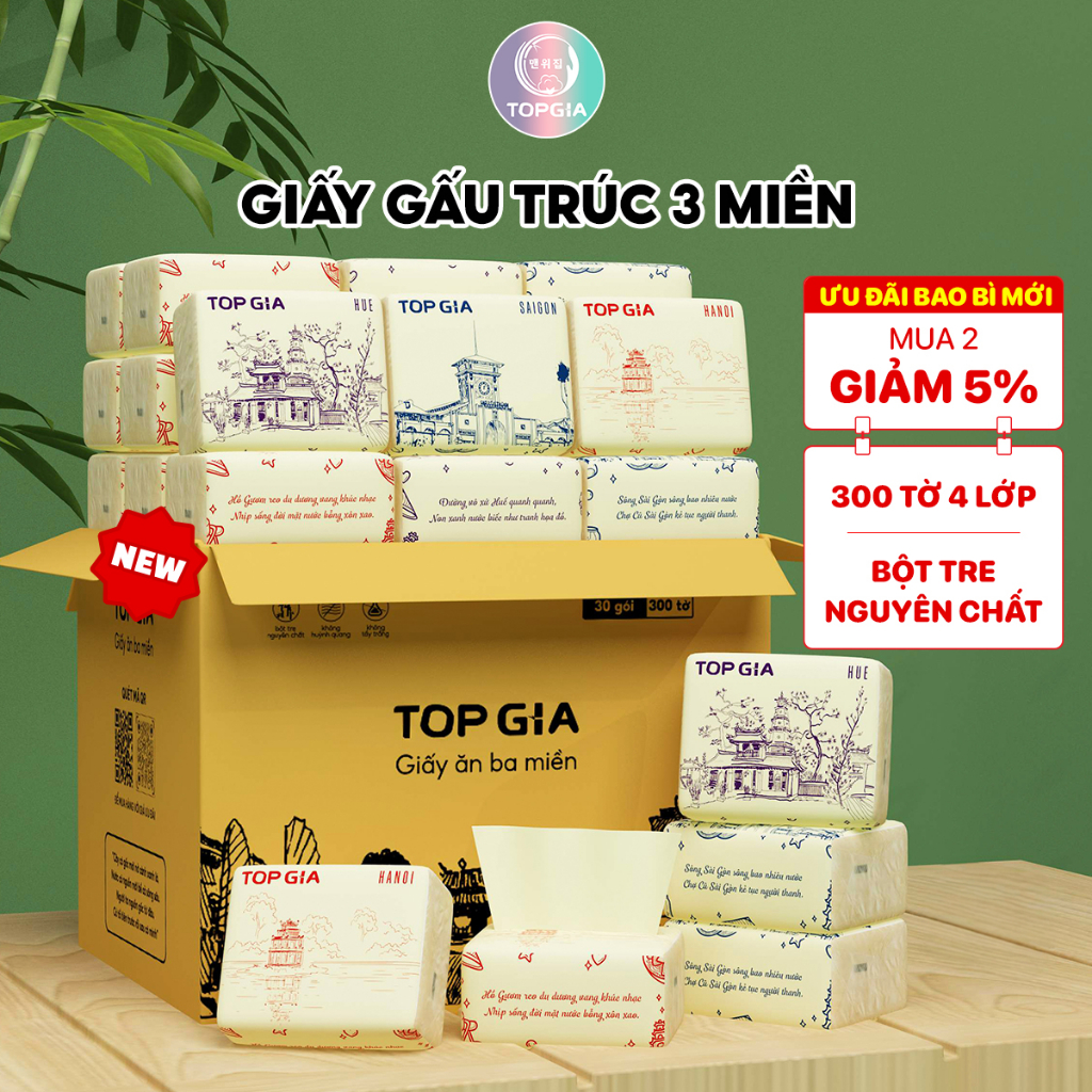 Giấy ăn gấu trúc Topgia, Giấy ăn rút thùng 30 gói nhỏ, 4 lớp thấm hút, siêu dai và tiện lợi chọ mọi gia đình