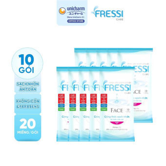 Combo 10 gói khăn ướt chăm sóc da Fressi Care Face 20 miếng/gói
