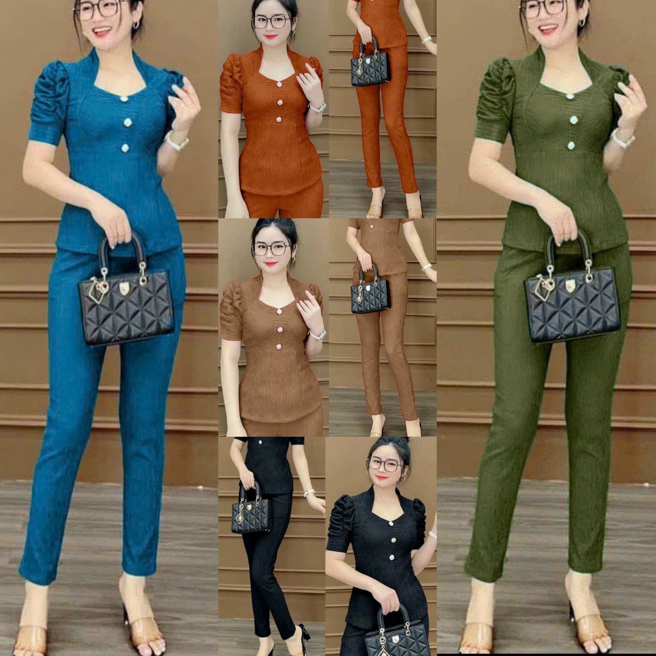 Set đồ bộ xốp áo kiểu cổ v phối 3 nút tay phồng phối quần dài ôm thun xốp nhật siêu cưng , hot , đi chơi cực xinh db801005235