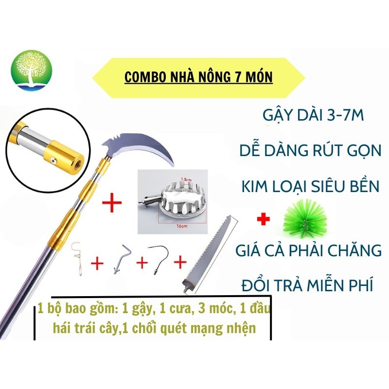 Bộ Dụng Cụ Gậy Sào Kim Loại Siêu Chắc 3-7M Rút Gọn 7 Món Cưa,Cắt Cành,Móc Câu Cá,Phơi Đồ,Quét Mạng Nhện,Hái Trái Cây