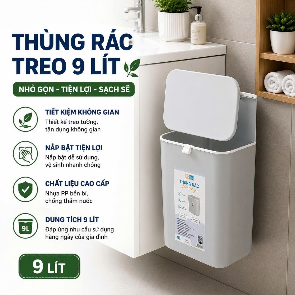 Thùng Rác Treo Tủ Bếp MEGAHOME - Thùng Rác Treo Tường 9L Nắp 2 Hướng (MG06)