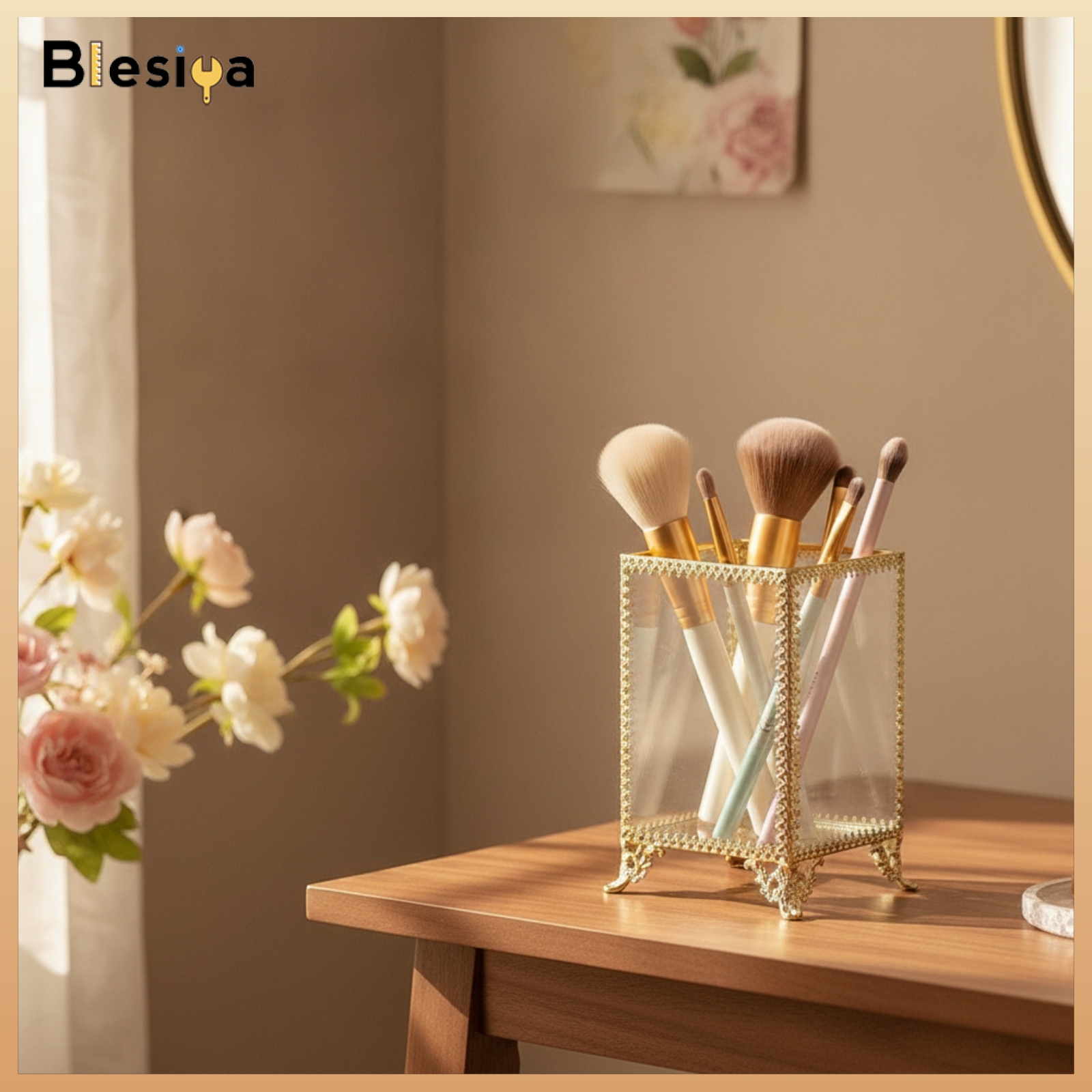 Blesiya Transparent Makeup Brush Holder Gold-Tone Cosmetic Organizer Rectangular Holder with Metal Frame Clear for Beauty Enthusiasts, Vanity, Dressing Table, Desk ราคา 15,130 บาท*ส่งฟรี