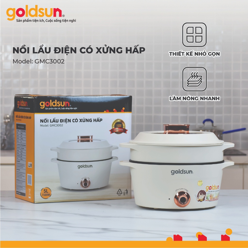 Nồi lẩu điện đa năng goldsun 5l công suất 1500w 2 tầng có xửng hấp - gmc3002,gmc3003