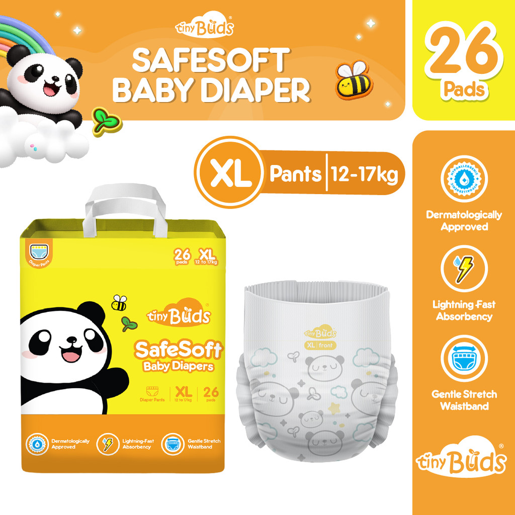 Tiny Buds Baby SafeSoft Pants Diaper XL 12–17kg (26pcs) | Hypoallergenic Double Leak Guard