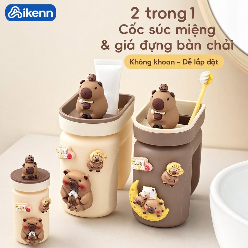 Aikenn Bộ cốc đựng bàn chải giá treo bàn chải dán tường hoạt hình dễ thương chống nước không khoan nhà tắm gia đình
