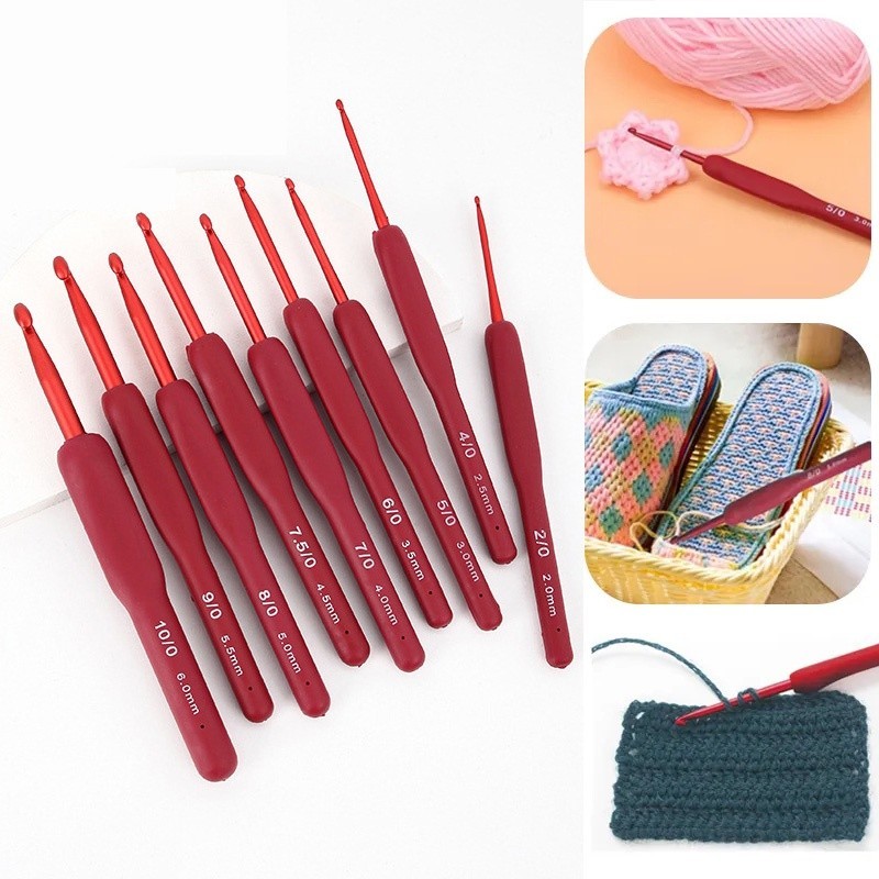 9Pcs Red Crochet Needle Set metal Aluminium Knitting Needles Set sweater Crochet Hooks Needles Knitting tool Knitted Craft Kit