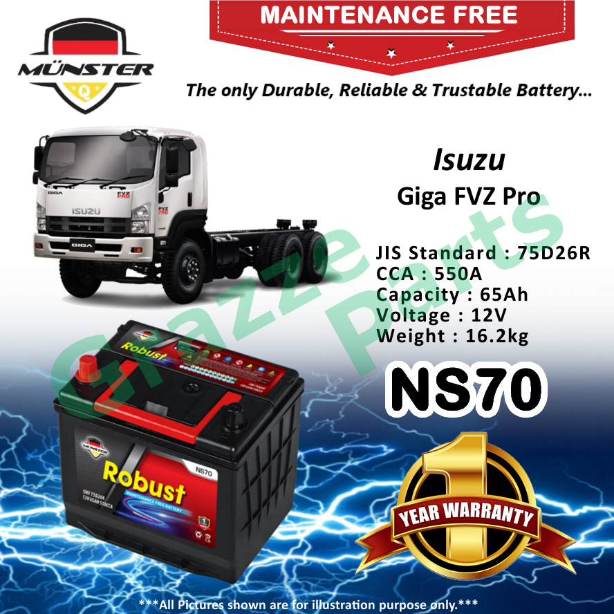 Mnster Robust MF CMF NS70 | NS70R | 75D26R (65AH) Car Battery Bateri Kereta for Isuzu Giga FVZ Pro