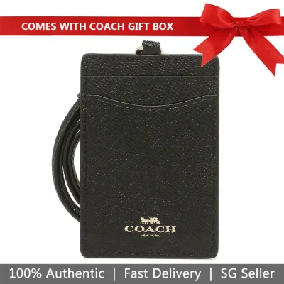 Coach Lanyard In Gift Box Lanyard In Gift Box Crossgrain Leather Id Lanyard Black # F57311