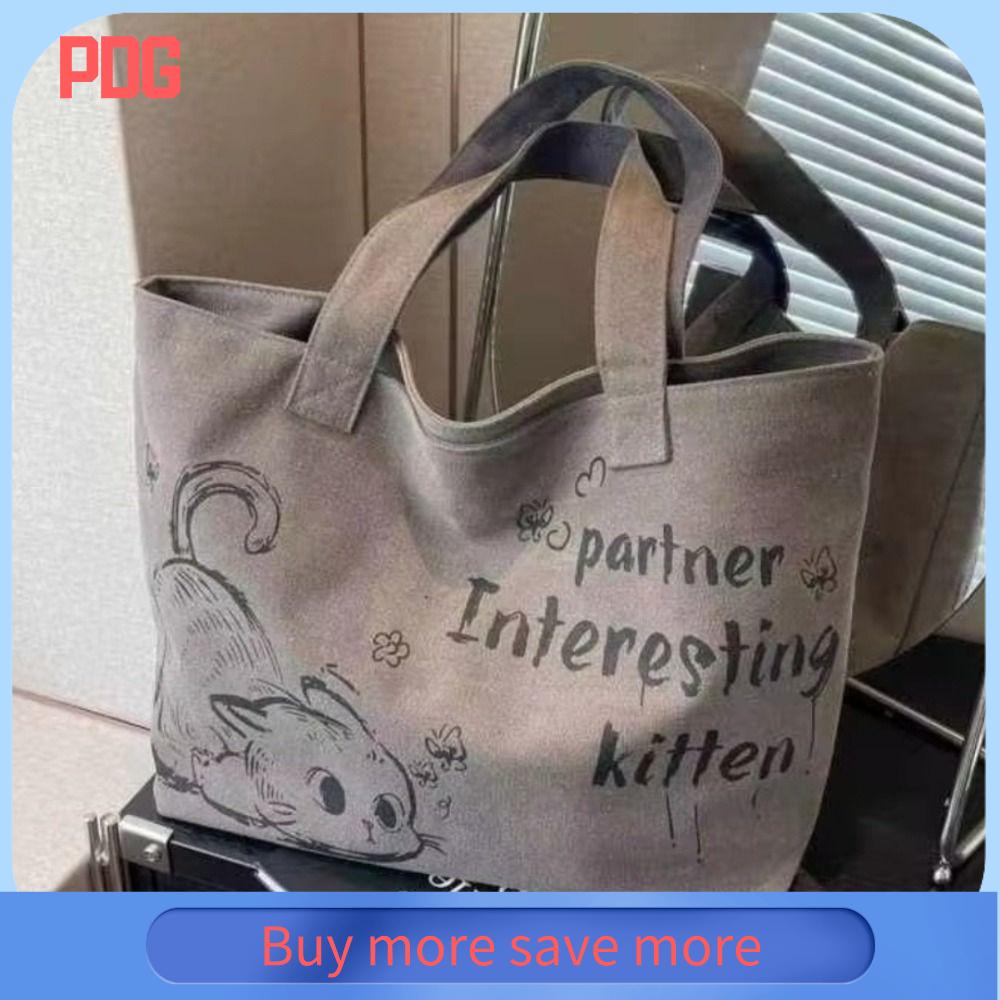 PDG Con mèo dễ thương Túi xách Dung lượng lớn Thường ngày Túi đeo vai Vải canvas Túi xách nữ Học sinh