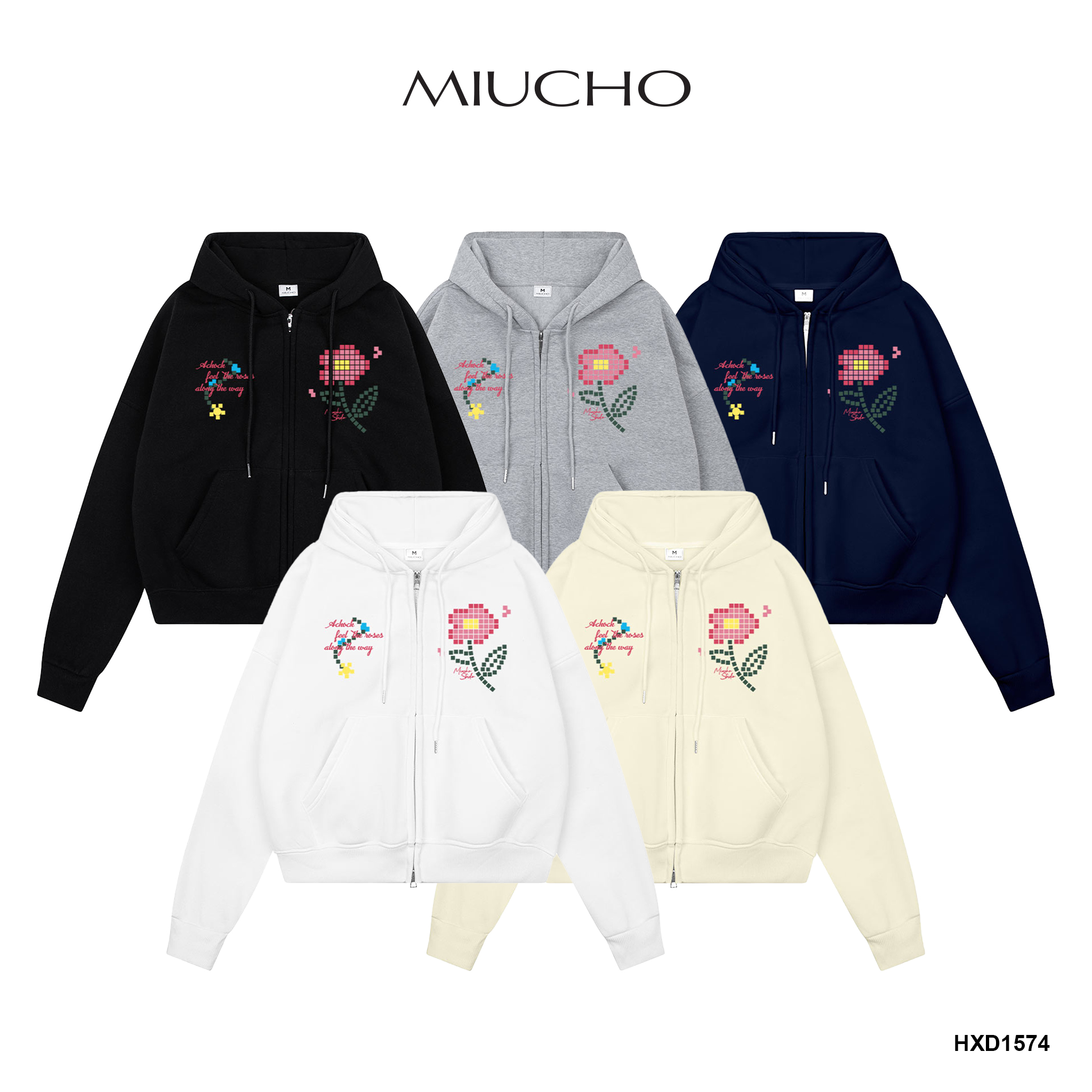  Áo hoodie zip boxy nỉ bông dày dặn HXD1574 Miucho mũ rộng khóa kéo in mix 