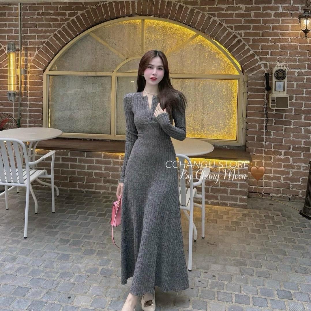 Đầm len gân dáng xoè nhẹ dài thêm nút cổ chữ v, body nữ dài tay women dress