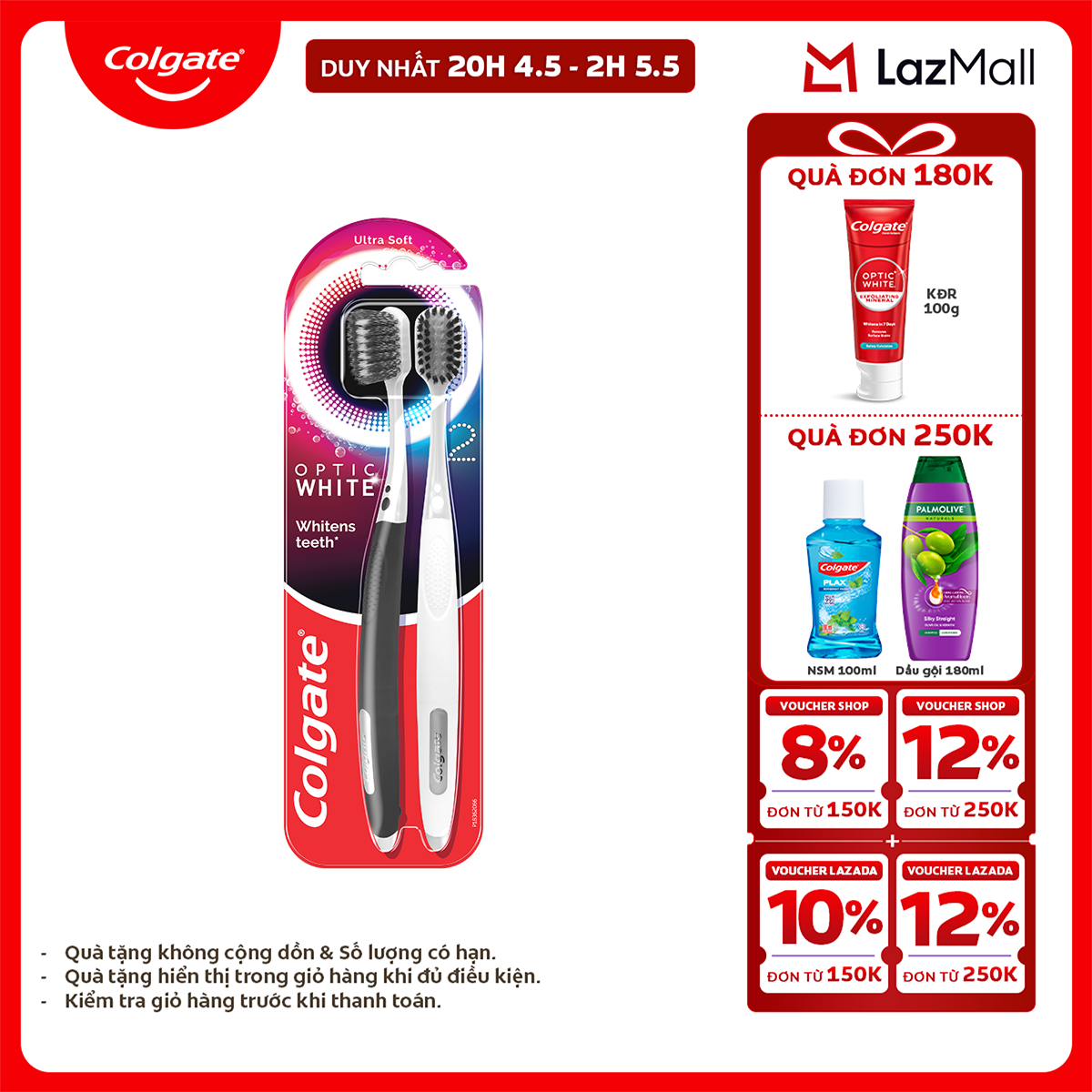 [Chỉ 25-29.4_X2 Voucher giảm 20%] Bàn chải Colgate trắng răng Optic White với lông chải 2 tầng sạch vượt trội
